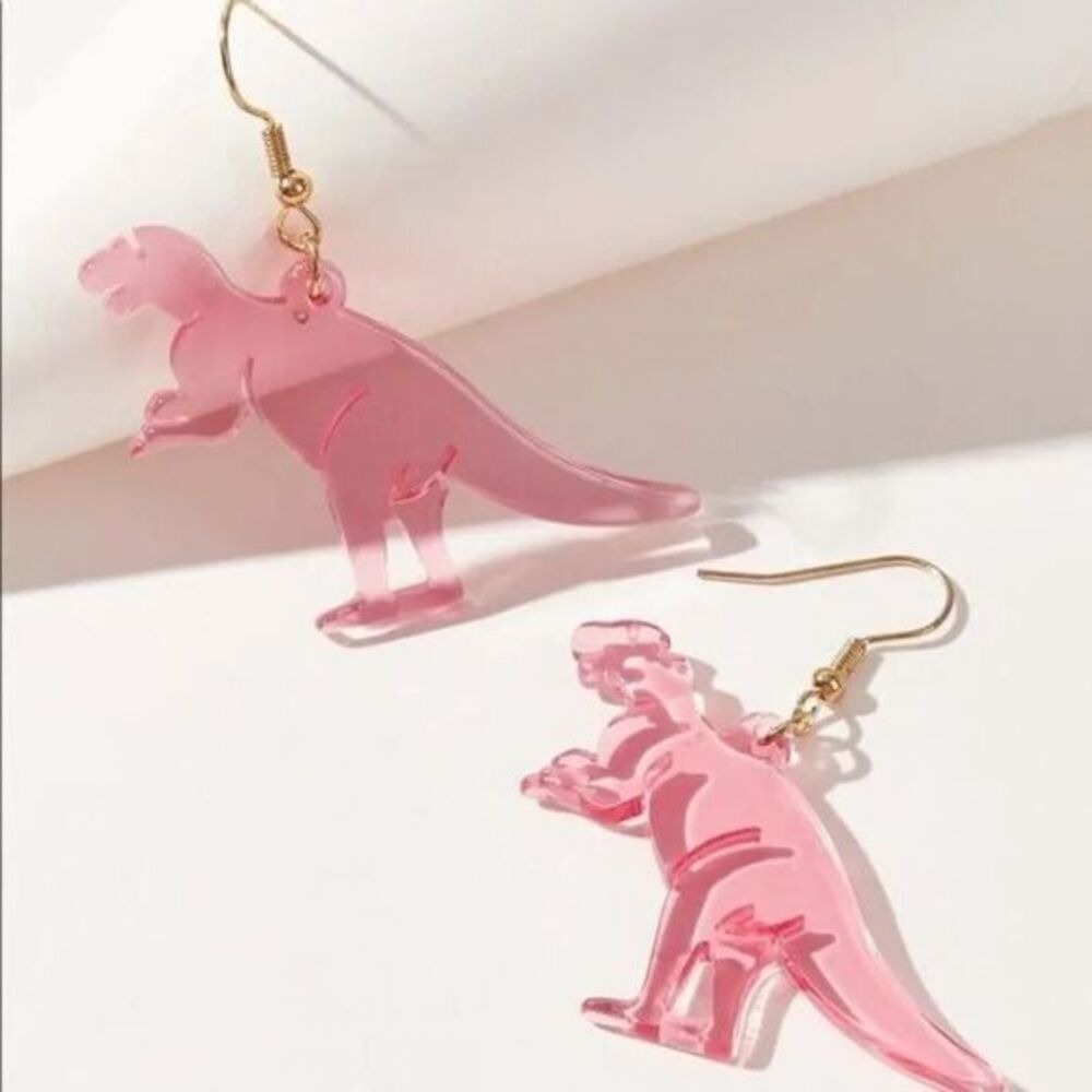 Dinosaur Earrings Pink Acrylic‎ Drop Dangle Fun Quirky Statement Jewelry